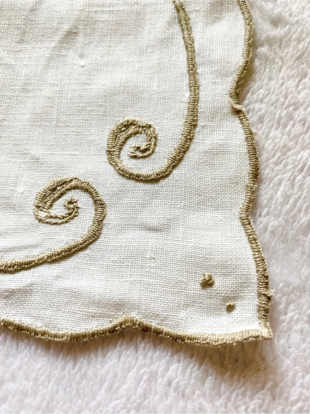 Vintage Cream Table Linen with Gold Embroidered Scrollwork